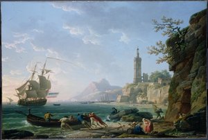 Claude-Joseph Vernet. Paisagem costeira no Mediterrâneo. Navio mercante holandês numa baía.